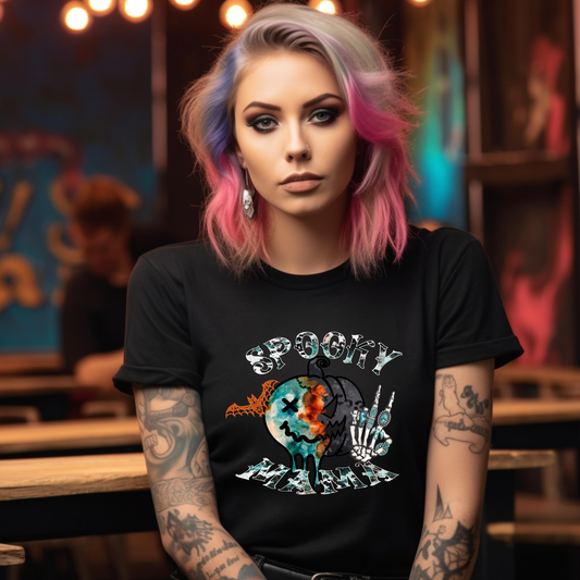 spooky mama pumpkin black tee